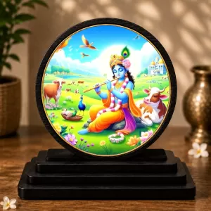 Premium Wooden Lord Krishna Showpiece For Car Dashboard & Office Table | 4 X 4.5 Inch Sublimation Printed Decorative Stand | 4 Mm MDF | Home Decor | Made In India (F33396)