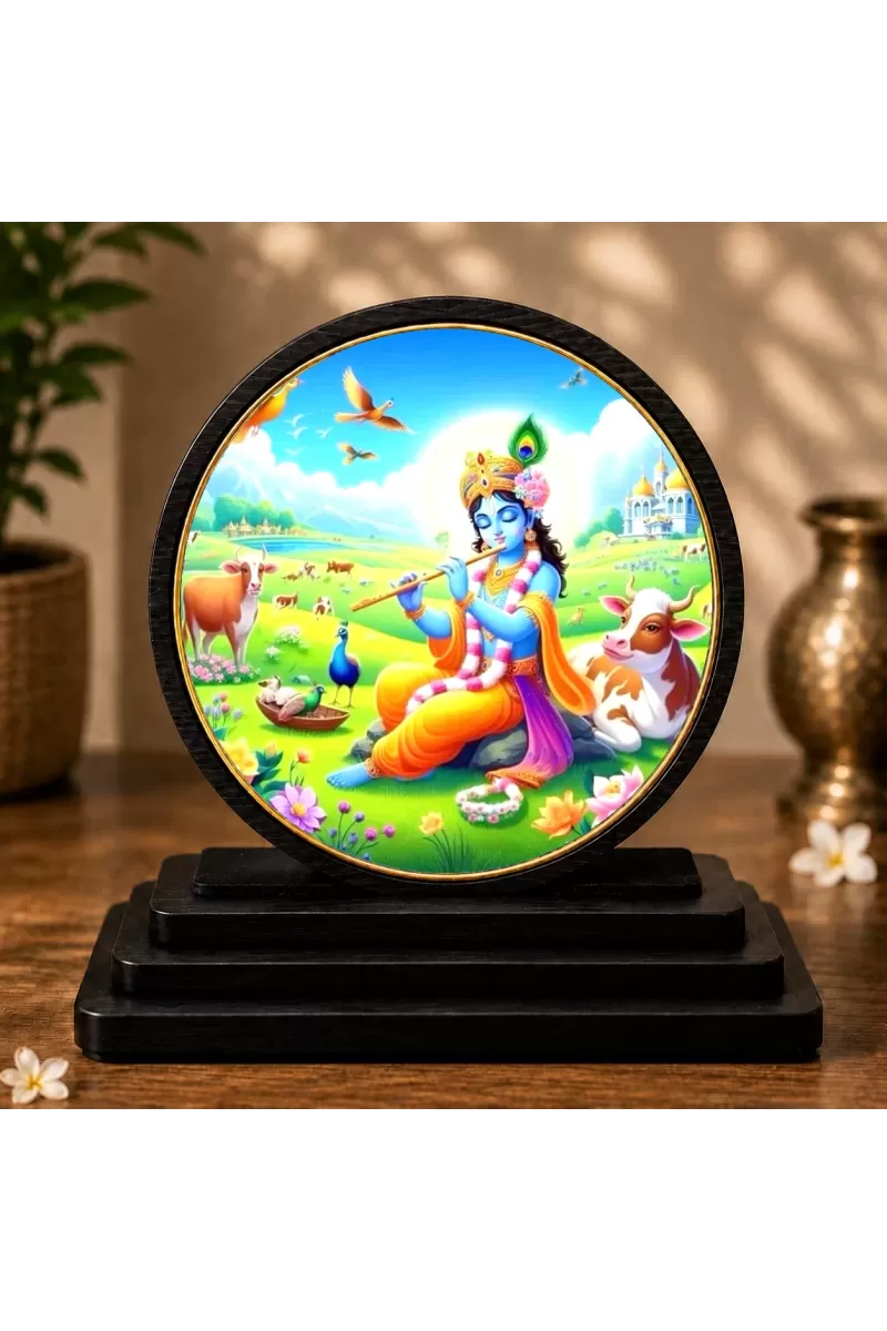 Premium Wooden Lord Krishna Showpiece For Car Dashboard & Office Table | 4 X 4.5 Inch Sublimation Printed Decorative Stand | 4 Mm MDF | Home Decor | Made In India (F33396)
