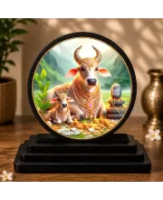 Premium Wooden Kamdhenu Cow Showpiece For Car Dashboard & Office Table | 4 X 4.5 Inch Sublimation Printed Decorative Stand | 4 Mm MDF | Home Decor | Made In India (F33397)