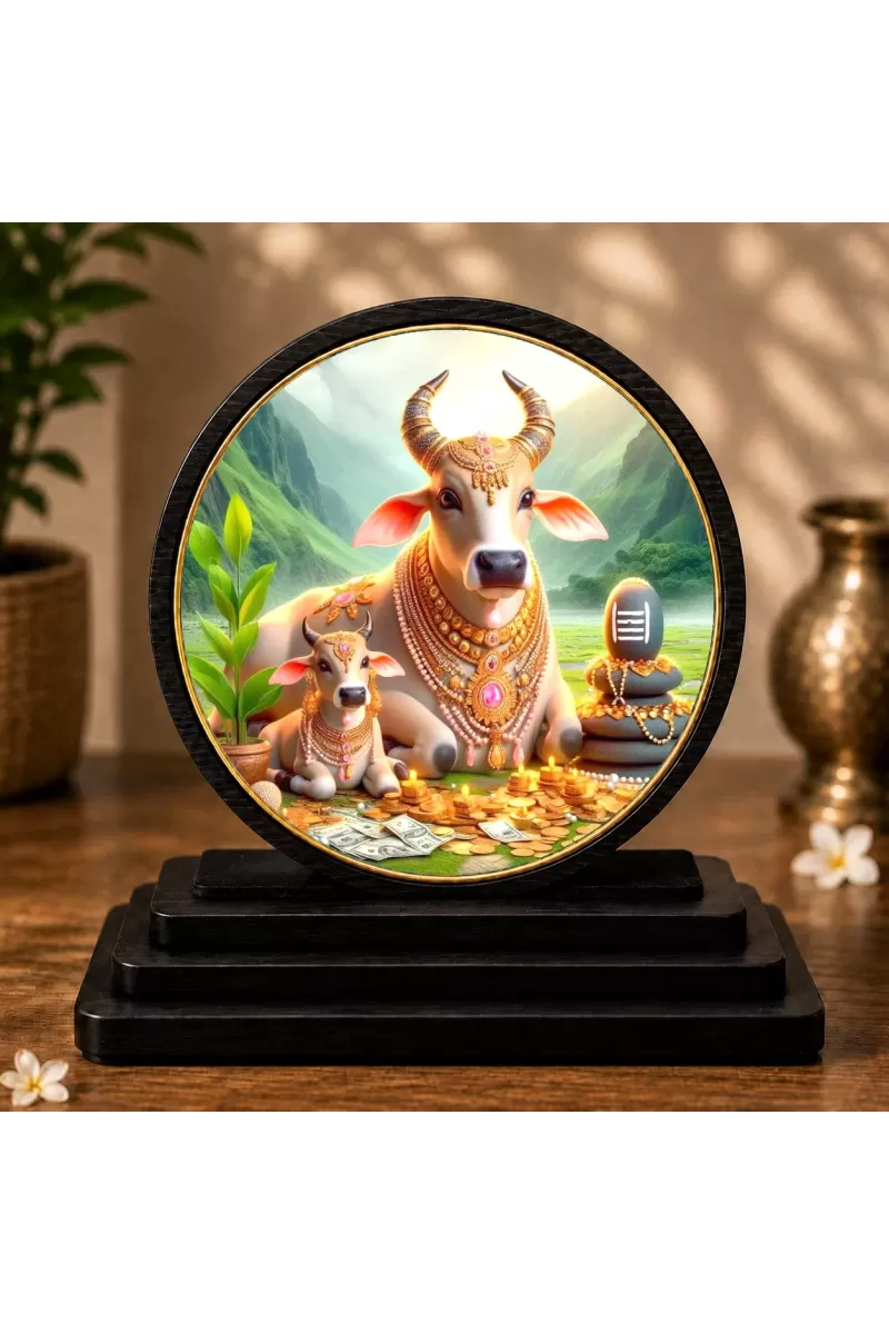 Premium Wooden Kamdhenu Cow Showpiece For Car Dashboard & Office Table | 4 X 4.5 Inch Sublimation Printed Decorative Stand | 4 Mm MDF | Home Decor | Made In India (F33397)