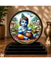 Premium Wooden  Bal Gopal Showpiece For Car Dashboard & Office Table | 4 X 4.5 Inch Sublimation Printed Decorative Stand | 4 Mm MDF | Home Decor | Made In India (F33398)
