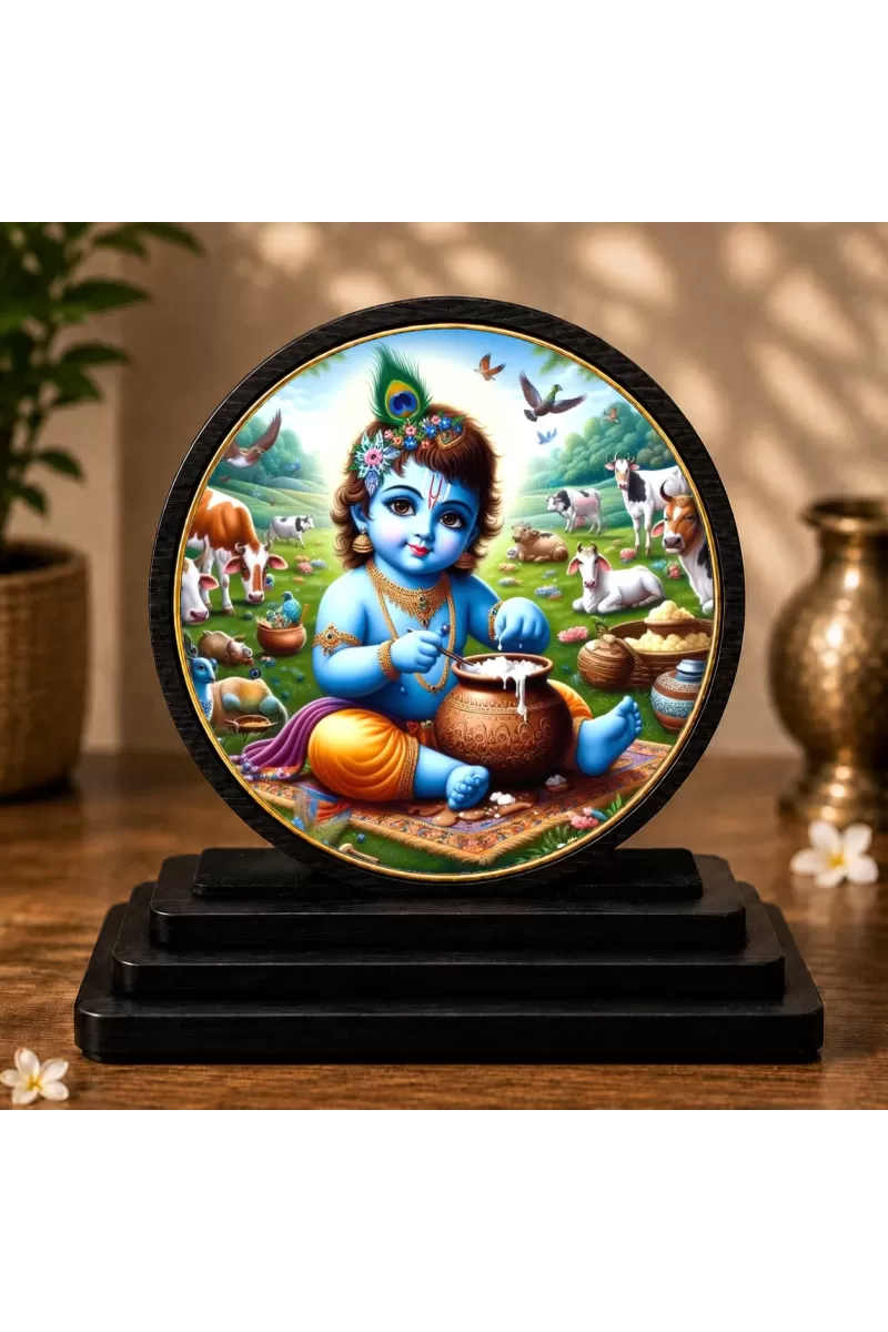 Premium Wooden  Bal Gopal Showpiece For Car Dashboard & Office Table | 4 X 4.5 Inch Sublimation Printed Decorative Stand | 4 Mm MDF | Home Decor | Made In India (F33398)