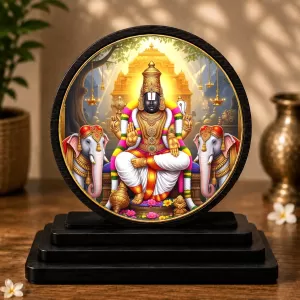Premium Wooden Svastika Gajalakshmi Tirupati Balaji Showpiece For Car Dashboard & Office Table | 4 X 4.5 Inch Sublimation Printed Decorative Stand | 4 Mm MDF | Home Decor | Made In India (F33400)