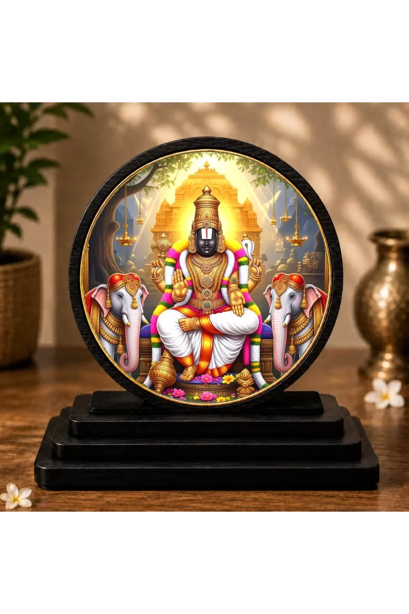 Premium Wooden Svastika Gajalakshmi Tirupati Balaji Showpiece For Car Dashboard & Office Table | 4 X 4.5 Inch Sublimation Printed Decorative Stand | 4 Mm MDF | Home Decor | Made In India (F33400)