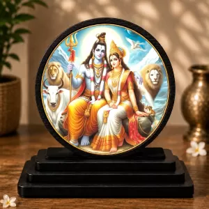 Premium Wooden Shiv Parivar Showpiece For Car Dashboard & Office Table | 4 X 4.5 Inch Sublimation Printed Decorative Stand | 4 Mm MDF | Home Decor | Made In India (F33402)