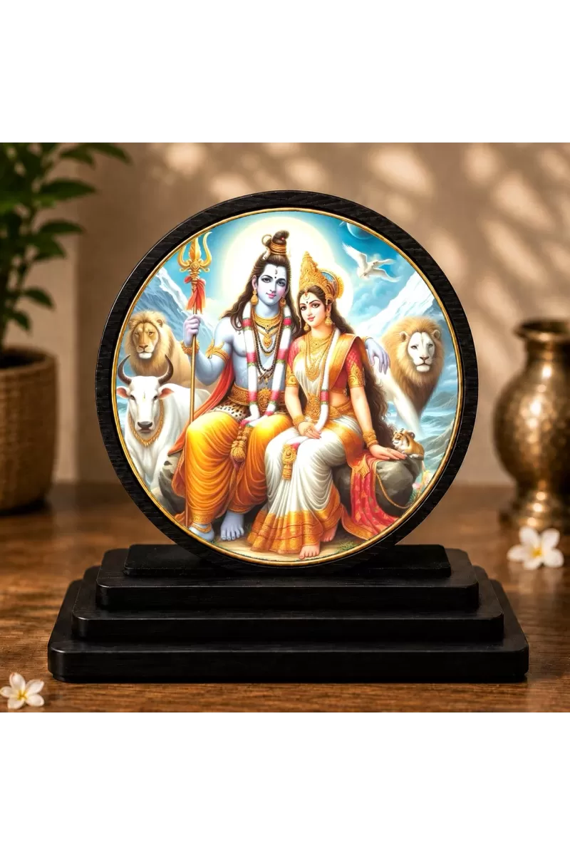 Premium Wooden Shiv Parivar Showpiece For Car Dashboard & Office Table | 4 X 4.5 Inch Sublimation Printed Decorative Stand | 4 Mm MDF | Home Decor | Made In India (F33402)