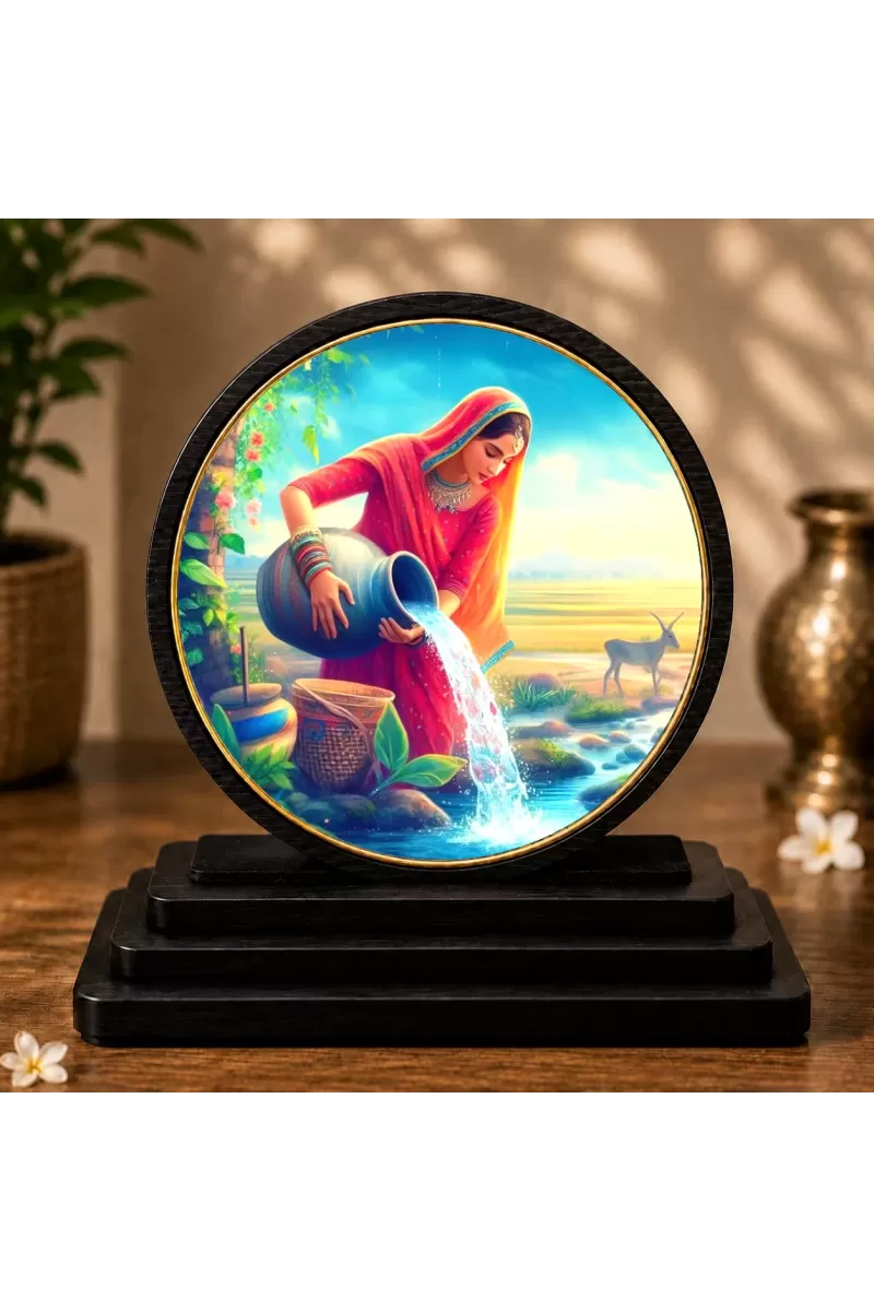 Premium Wooden Woman Filling A Pot With Water Showpiece For Car Dashboard & Office Table | 4 X 4.5 Inch Sublimation Printed Decorative Stand | 4 Mm MDF | Home Decor | Made In India (F33403)