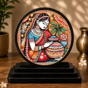 Premium Wooden  Vibrant Indian Folk Art Showpiece For Car Dashboard & Office Table | 4 X 4.5 Inch Sublimation Printed Decorative Stand | 4 Mm MDF | Home Decor | Made In India (F33407)