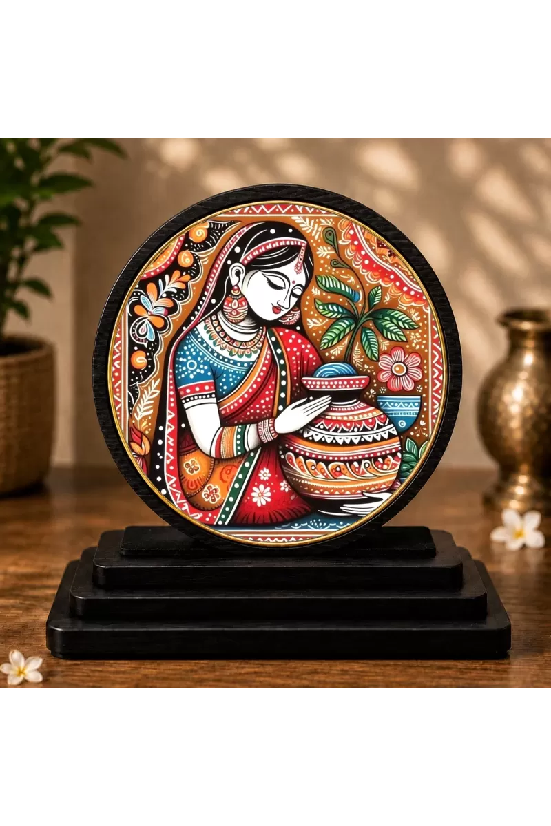 Premium Wooden  Vibrant Indian Folk Art Showpiece For Car Dashboard & Office Table | 4 X 4.5 Inch Sublimation Printed Decorative Stand | 4 Mm MDF | Home Decor | Made In India (F33407)