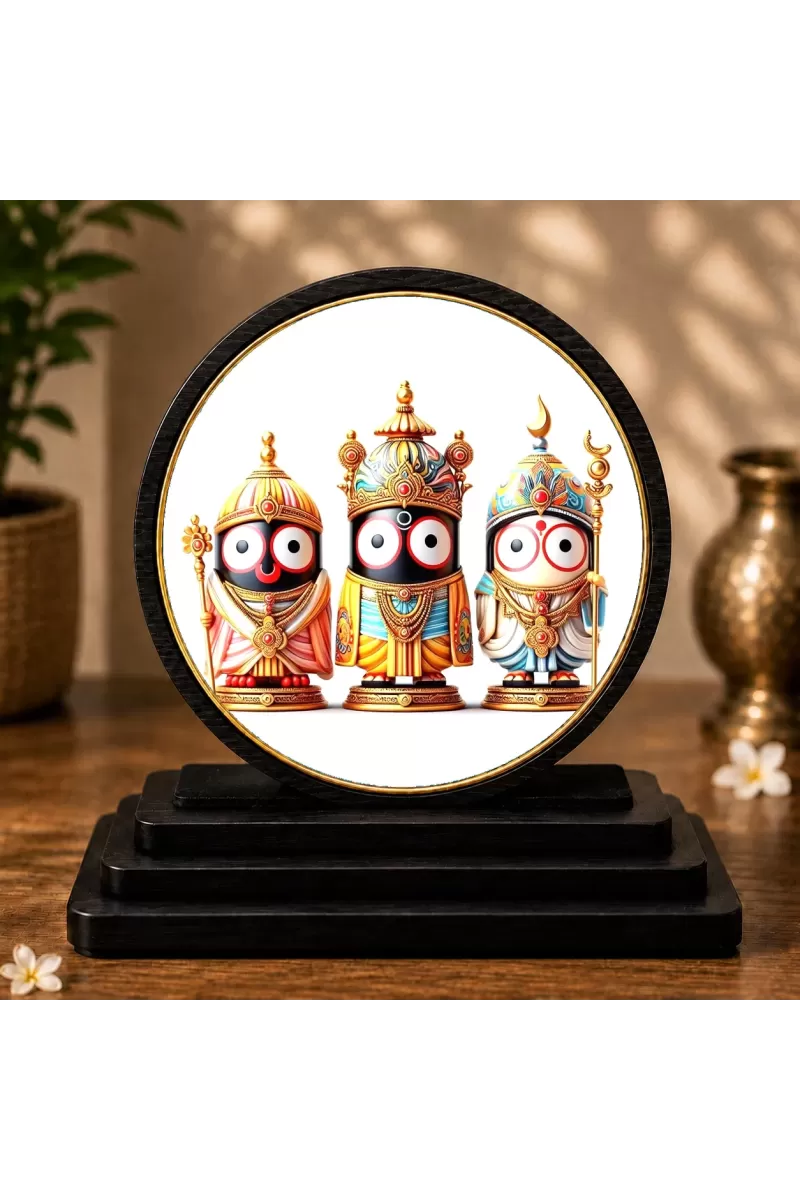 Premium Wooden Lord Jagannath, Subhadra, Balabhadra Showpiece For Car Dashboard & Office Table | 4 X 4.5 Inch Sublimation Printed Decorative Stand | 4 Mm MDF | Home Decor | Made In India (F33409)