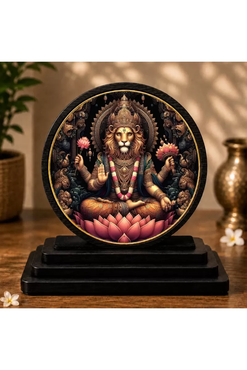 Premium Wooden Lord Narasimha Showpiece For Car Dashboard & Office Table | 4 X 4.5 Inch Sublimation Printed Decorative Stand | 4 Mm MDF | Home Decor | Made In India (F33410)
