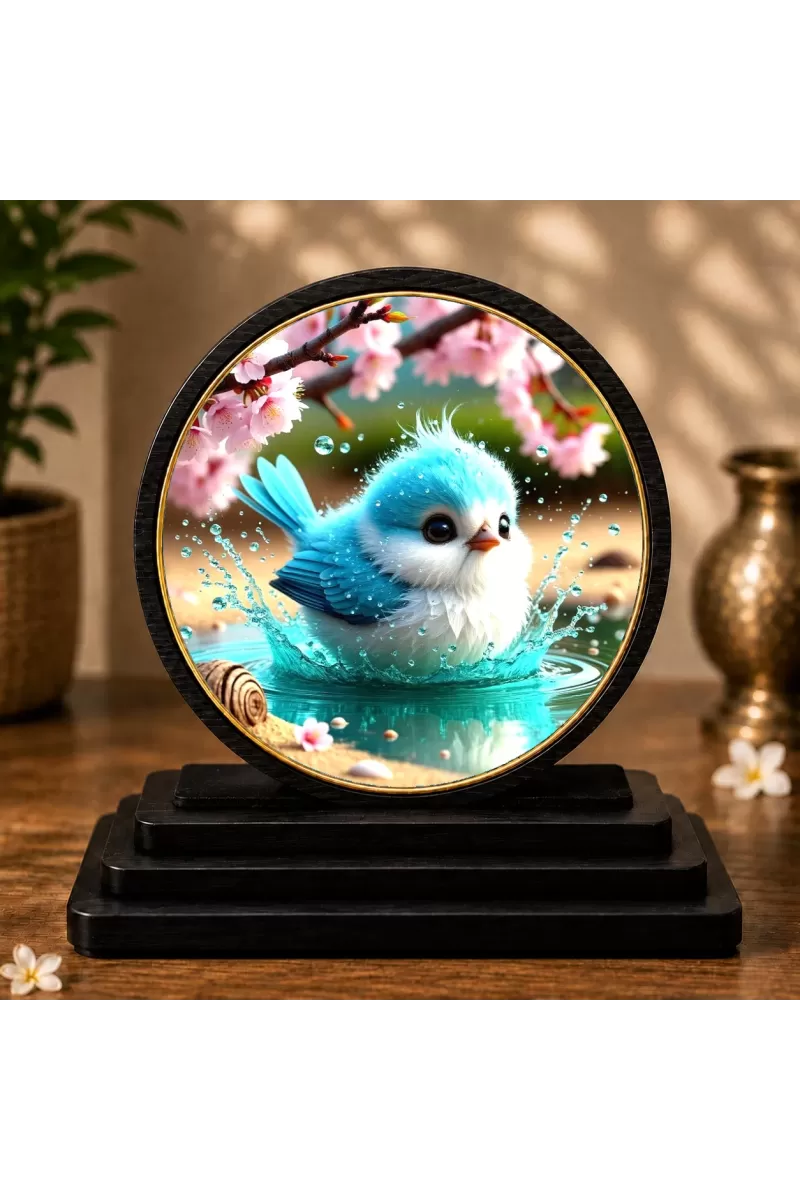 Premium Wooden Fluffy Blue Bird Showpiece For Car Dashboard & Office Table | 4 X 4.5 Inch Sublimation Printed Decorative Stand | 4 Mm MDF | Home Decor | Made In India (F33413)