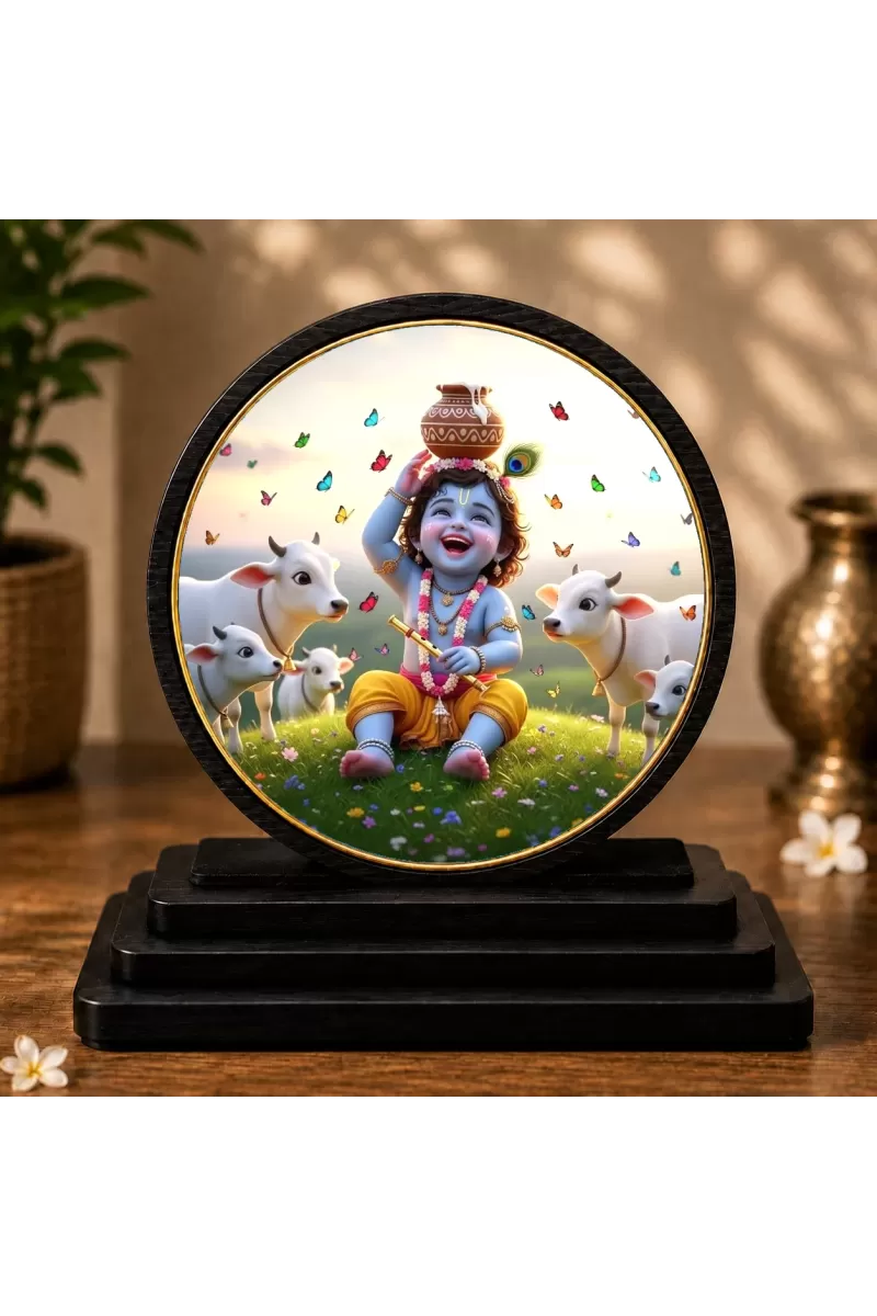 Premium Wooden Bal Krishna  Showpiece For Car Dashboard & Office Table | 4 X 4.5 Inch Sublimation Printed Decorative Stand | 4 Mm MDF | Home Decor | Made In India (F33416)