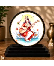 Premium Wooden Goddess Saraswati Showpiece For Car Dashboard & Office Table | 4 X 4.5 Inch Sublimation Printed Decorative Stand | 4 Mm MDF | Home Decor | Made In India (F33420)