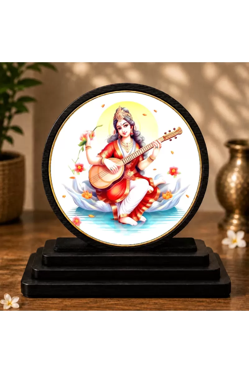 Premium Wooden Goddess Saraswati Showpiece For Car Dashboard & Office Table | 4 X 4.5 Inch Sublimation Printed Decorative Stand | 4 Mm MDF | Home Decor | Made In India (F33420)