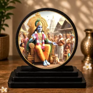 Premium Wooden Lord Krishna Showpiece For Car Dashboard & Office Table | 4 X 4.5 Inch Sublimation Printed Decorative Stand | 4 Mm MDF | Home Decor | Made In India (F33421)