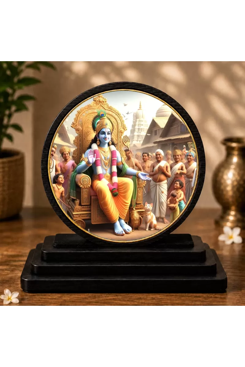 Premium Wooden Lord Krishna Showpiece For Car Dashboard & Office Table | 4 X 4.5 Inch Sublimation Printed Decorative Stand | 4 Mm MDF | Home Decor | Made In India (F33421)