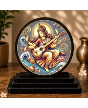 Premium Wooden Goddess Saraswati Showpiece For Car Dashboard & Office Table | 4 X 4.5 Inch Sublimation Printed Decorative Stand | 4 Mm MDF | Home Decor | Made In India (F33422)