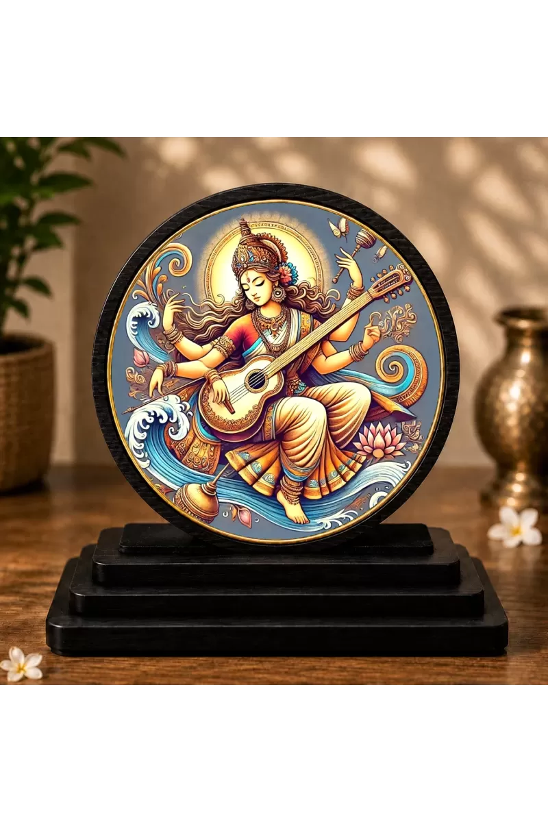 Premium Wooden Goddess Saraswati Showpiece For Car Dashboard & Office Table | 4 X 4.5 Inch Sublimation Printed Decorative Stand | 4 Mm MDF | Home Decor | Made In India (F33422)