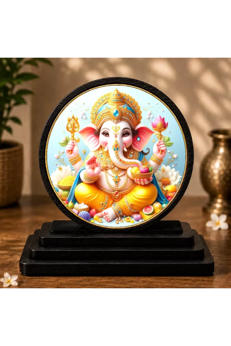 Premium Wooden Lord Ganesha Showpiece For Car Dashboard & Office Table | 4 X 4.5 Inch Sublimation Printed Decorative Stand | 4 Mm MDF | Home Decor | Made In India (F33423)