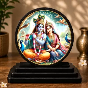 Premium Wooden Radha Krishna Showpiece For Car Dashboard & Office Table | 4 X 4.5 Inch Sublimation Printed Decorative Stand | 4 Mm MDF | Home Decor | Made In India (F33425)