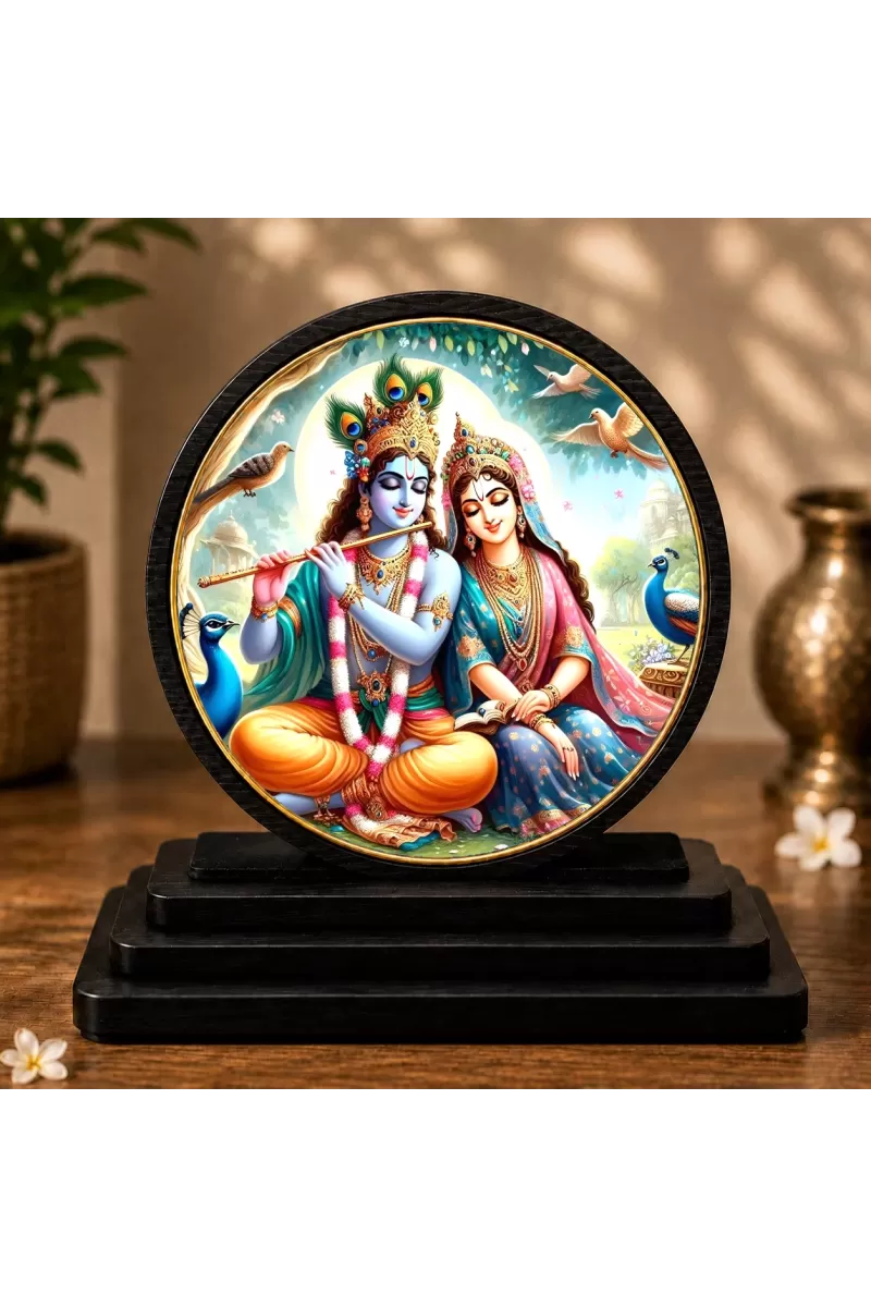 Premium Wooden Radha Krishna Showpiece For Car Dashboard & Office Table | 4 X 4.5 Inch Sublimation Printed Decorative Stand | 4 Mm MDF | Home Decor | Made In India (F33425)