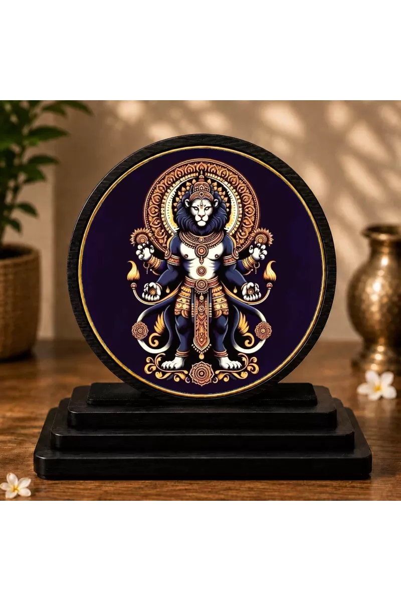 Premium Wooden  Lord Narasimha Showpiece For Car Dashboard & Office Table | 4 X 4.5 Inch Sublimation Printed Decorative Stand | 4 Mm MDF | Home Decor | Made In India (F33429)