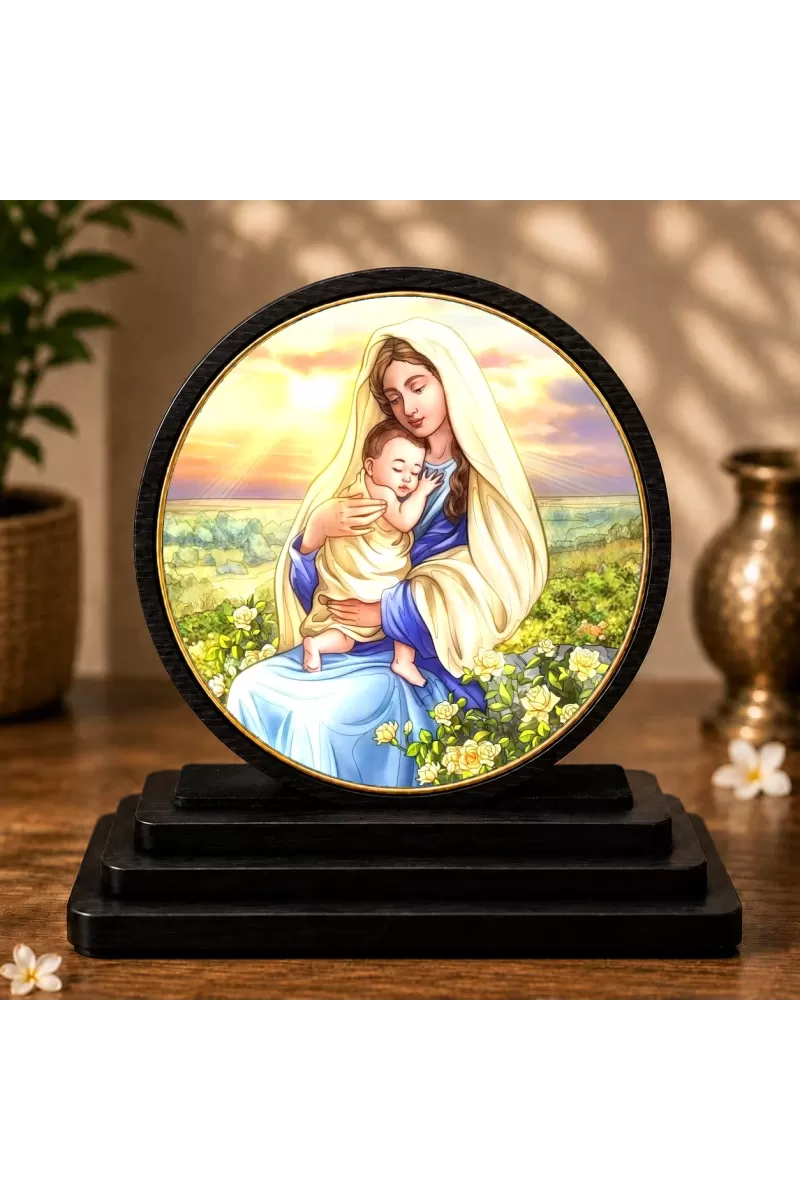 Premium Wooden Virgin Mary And Child Jesus Showpiece For Car Dashboard & Office Table | 4 X 4.5 Inch Sublimation Printed Decorative Stand | 4 Mm MDF | Home Decor | Made In India (F33430)