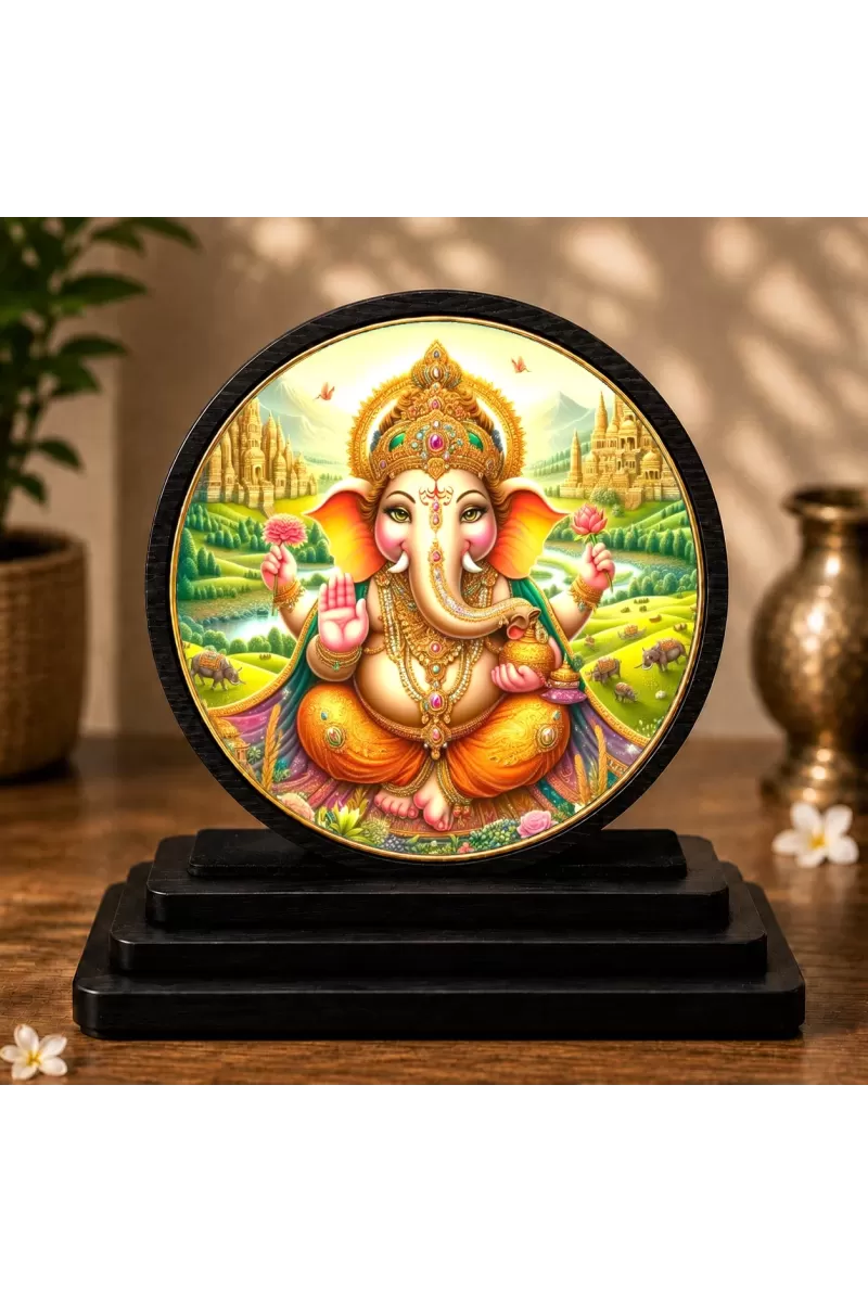 Premium Wooden Lord Ganesha Showpiece For Car Dashboard & Office Table | 4 X 4.5 Inch Sublimation Printed Decorative Stand | 4 Mm MDF | Home Decor | Made In India (F33431)