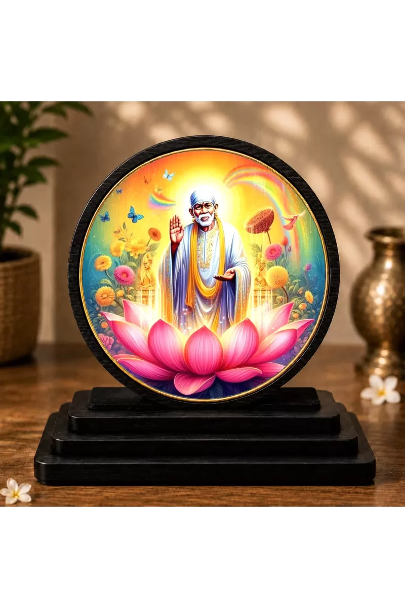 Premium Wooden Sai Baba Showpiece For Car Dashboard & Office Table | 4 X 4.5 Inch Sublimation Printed Decorative Stand | 4 Mm MDF | Home Decor | Made In India (F33434)