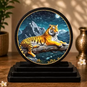 Premium Wooden Tiger Showpiece For Car Dashboard & Office Table | 4 X 4.5 Inch Sublimation Printed Decorative Stand | 4 Mm MDF | Home Decor | Made In India (F33437)