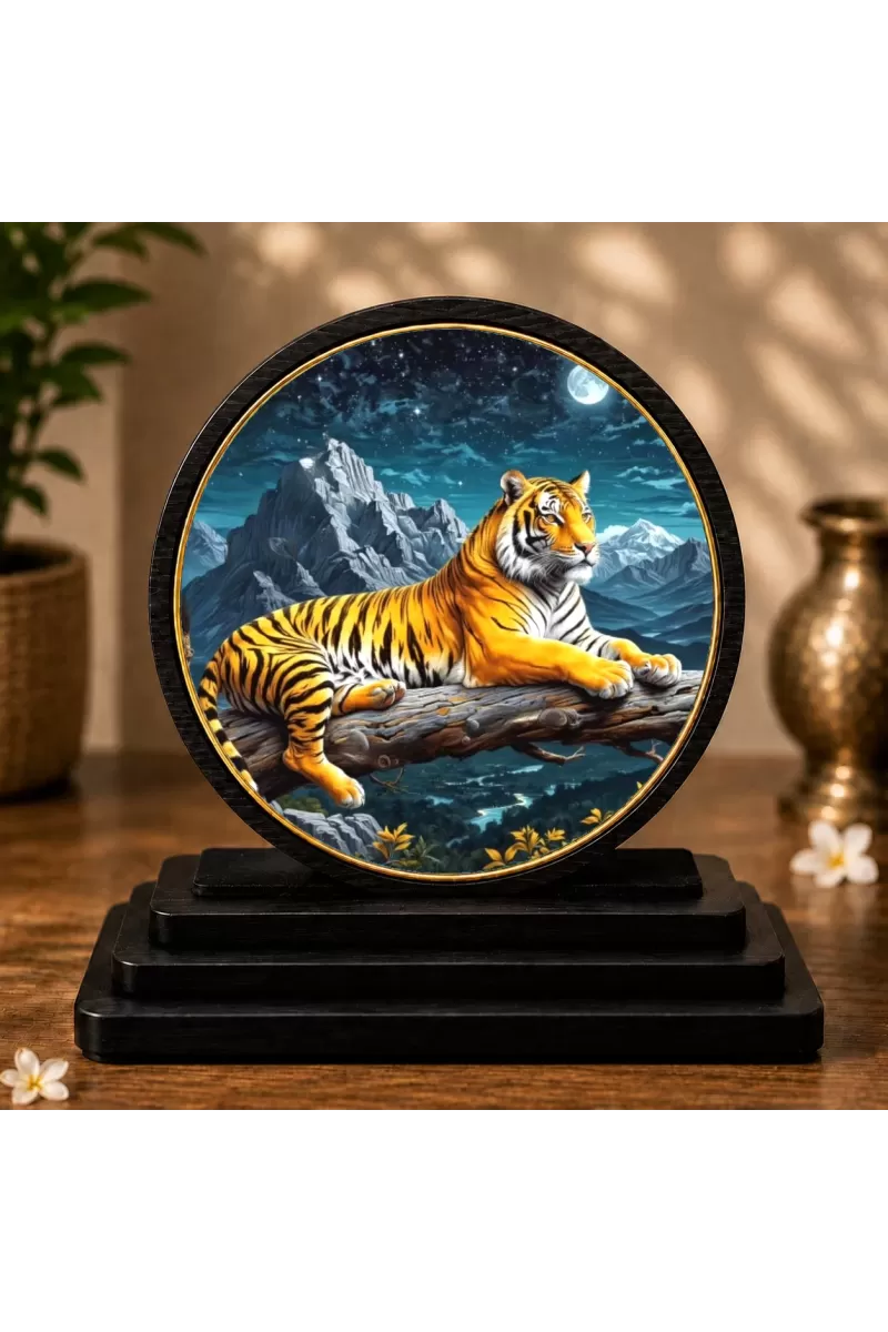 Premium Wooden Tiger Showpiece For Car Dashboard & Office Table | 4 X 4.5 Inch Sublimation Printed Decorative Stand | 4 Mm MDF | Home Decor | Made In India (F33437)