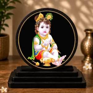 Premium Wooden Bal Krishna Showpiece For Car Dashboard & Office Table | 4 X 4.5 Inch Sublimation Printed Decorative Stand | 4 Mm MDF | Home Decor | Made In India (F33438)