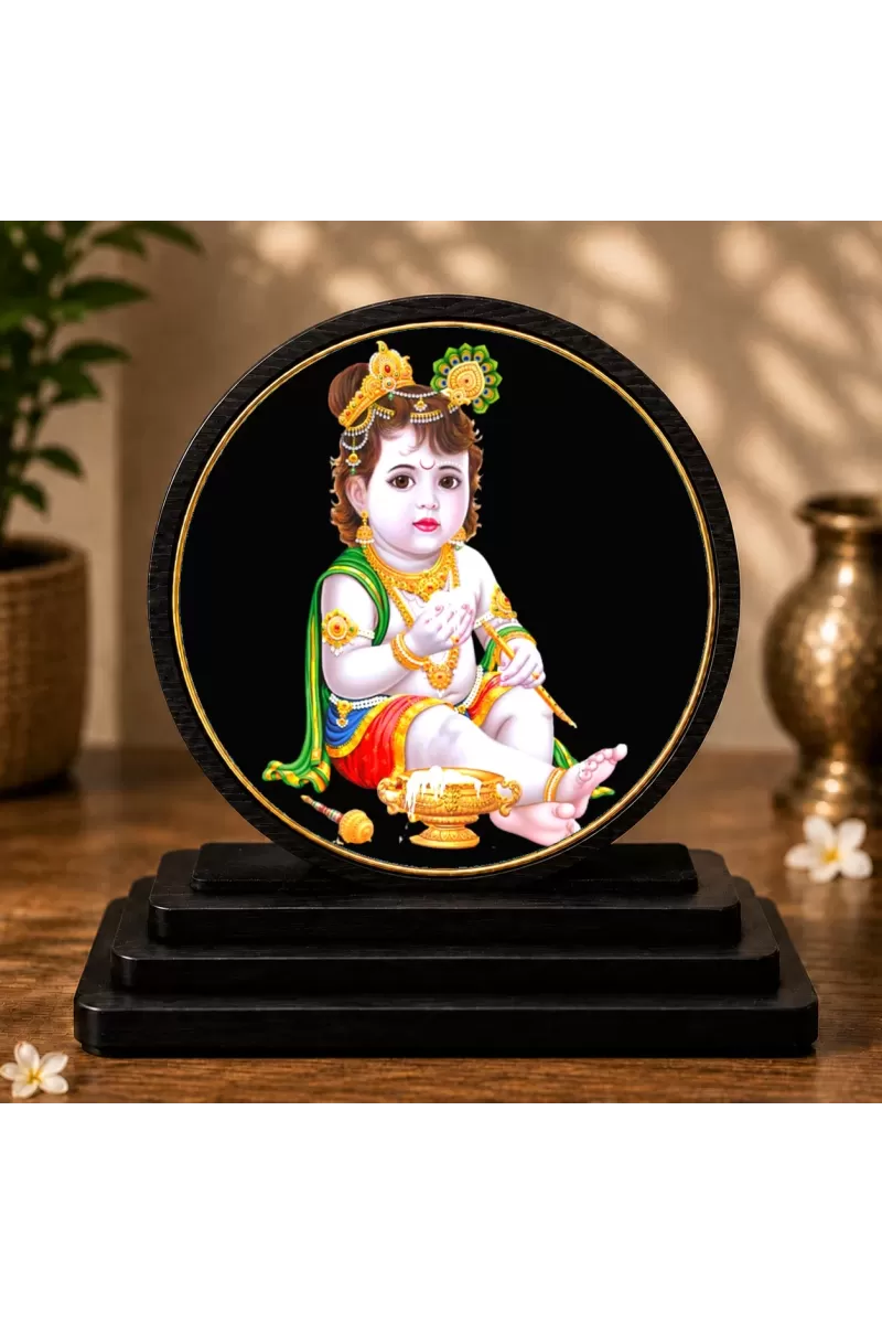 Premium Wooden Bal Krishna Showpiece For Car Dashboard & Office Table | 4 X 4.5 Inch Sublimation Printed Decorative Stand | 4 Mm MDF | Home Decor | Made In India (F33438)