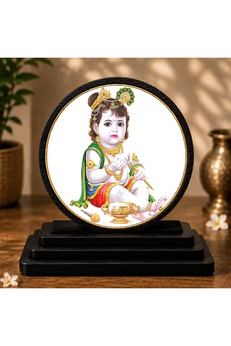 Premium Wooden Bal Kishna Showpiece For Car Dashboard & Office Table | 4 X 4.5 Inch Sublimation Printed Decorative Stand | 4 Mm MDF | Home Decor | Made In India (F33439)