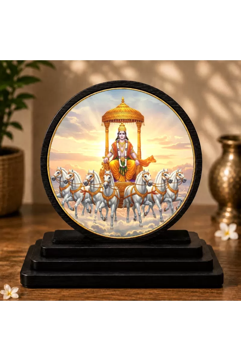 Premium Wooden Lord Surya Dev Showpiece For Car Dashboard & Office Table | 4 X 4.5 Inch Sublimation Printed Decorative Stand | 4 Mm MDF | Home Decor | Made In India (F33440)