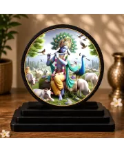 Premium Wooden Lord Krishna Showpiece For Car Dashboard & Office Table | 4 X 4.5 Inch Sublimation Printed Decorative Stand | 4 Mm MDF | Home Decor | Made In India (F33441)
