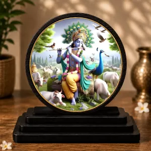 Premium Wooden Lord Krishna Showpiece For Car Dashboard & Office Table | 4 X 4.5 Inch Sublimation Printed Decorative Stand | 4 Mm MDF | Home Decor | Made In India (F33441)