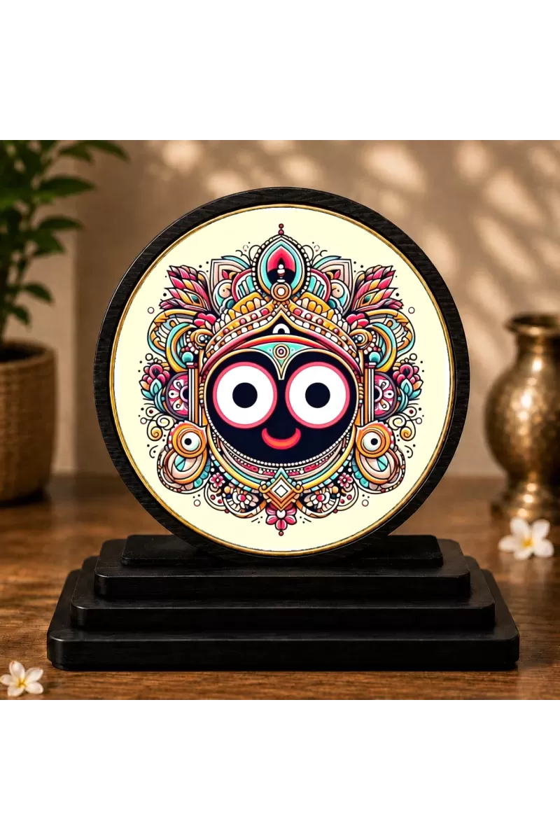 Premium Wooden Lord Jagannath Showpiece For Car Dashboard & Office Table | 4 X 4.5 Inch Sublimation Printed Decorative Stand | 4 Mm MDF | Home Decor | Made In India (F33443)