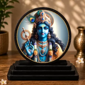 Premium Wooden Lord Krishna Showpiece For Car Dashboard & Office Table | 4 X 4.5 Inch Sublimation Printed Decorative Stand | 4 Mm MDF | Home Decor | Made In India (F33446)