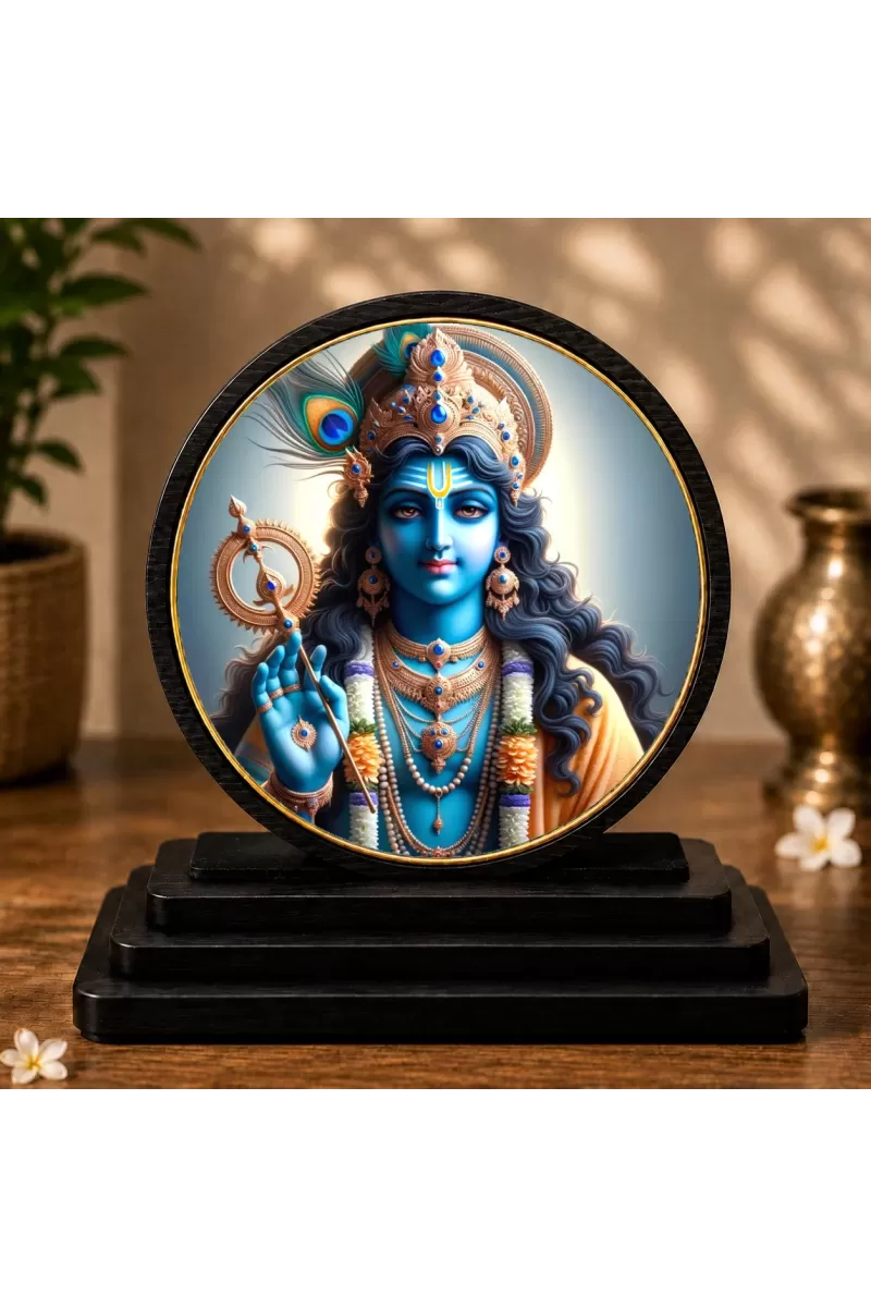 Premium Wooden Lord Krishna Showpiece For Car Dashboard & Office Table | 4 X 4.5 Inch Sublimation Printed Decorative Stand | 4 Mm MDF | Home Decor | Made In India (F33446)
