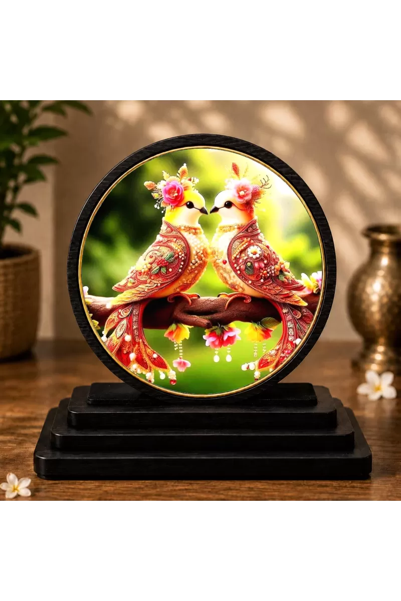Premium Wooden Love Birds Showpiece For Car Dashboard & Office Table | 4 X 4.5 Inch Sublimation Printed Decorative Stand | 4 Mm MDF | Home Decor | Made In India (F33447)