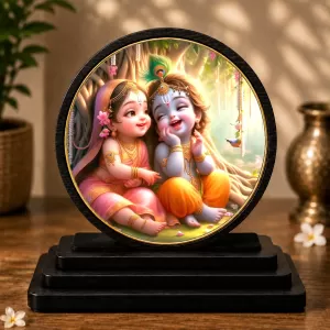 Premium Wooden Radha Krishna Showpiece For Car Dashboard & Office Table | 4 X 4.5 Inch Sublimation Printed Decorative Stand | 4 Mm MDF | Home Decor | Made In India (F33448)