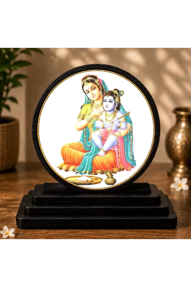 Premium Wooden Bal Krishna With Mata Yashoda Showpiece For Car Dashboard & Office Table | 4 X 4.5 Inch Sublimation Printed Decorative Stand | 4 Mm MDF | Home Decor | Made In India (F33449)