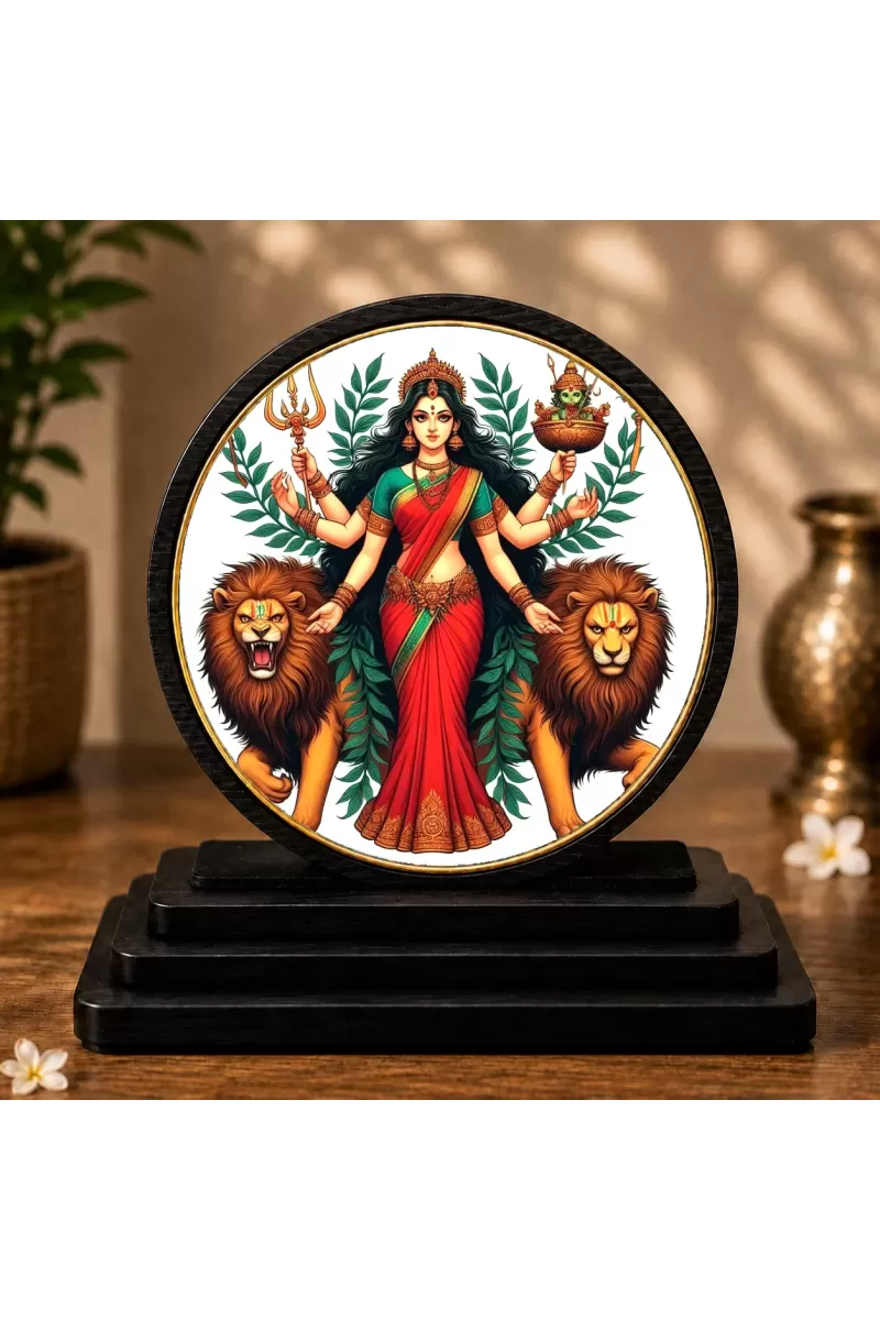 Premium Wooden  Goddess Durga Showpiece For Car Dashboard & Office Table | 4 X 4.5 Inch Sublimation Printed Decorative Stand | 4 Mm MDF | Home Decor | Made In India (F33453)