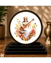 Premium Wooden  Goddess Saraswati Showpiece For Car Dashboard & Office Table | 4 X 4.5 Inch Sublimation Printed Decorative Stand | 4 Mm MDF | Home Decor | Made In India (F33454)