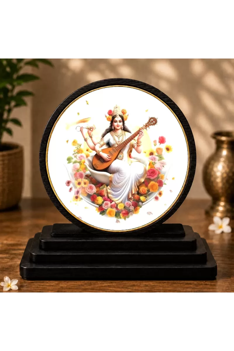 Premium Wooden  Goddess Saraswati Showpiece For Car Dashboard & Office Table | 4 X 4.5 Inch Sublimation Printed Decorative Stand | 4 Mm MDF | Home Decor | Made In India (F33454)