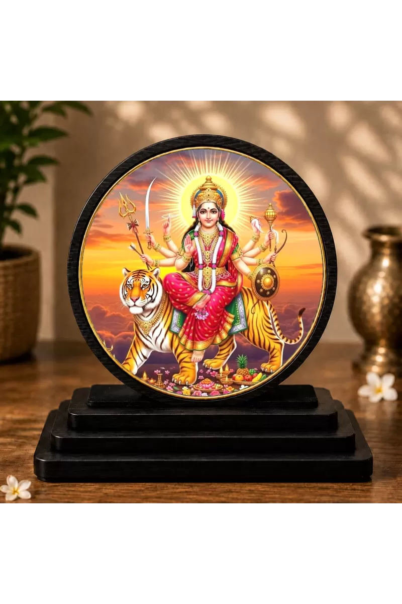 Premium Wooden Goddess Durga Showpiece For Car Dashboard & Office Table | 4 X 4.5 Inch Sublimation Printed Decorative Stand | 4 Mm MDF | Home Decor | Made In India (F33455)