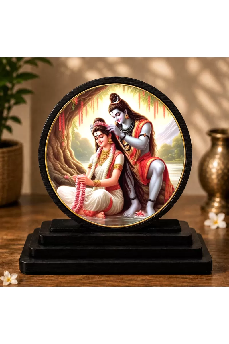 Premium Wooden Mahadev Parvati Ji Showpiece For Car Dashboard & Office Table | 4 X 4.5 Inch Sublimation Printed Decorative Stand | 4 Mm MDF | Home Decor | Made In India (F33457)