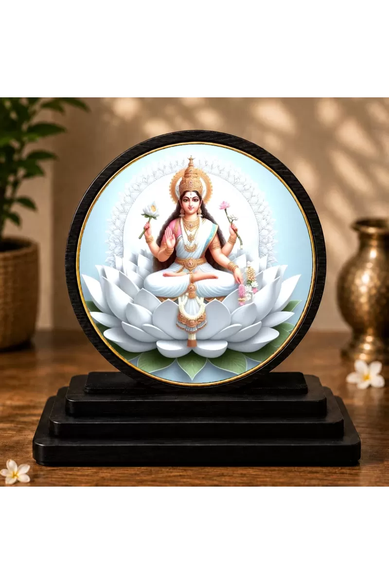 Premium Wooden Goddess Lakshmi Showpiece For Car Dashboard & Office Table | 4 X 4.5 Inch Sublimation Printed Decorative Stand | 4 Mm MDF | Home Decor | Made In India (F33460)